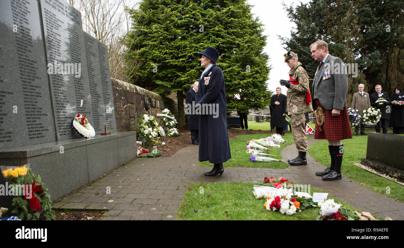 Lockerbie, Scotland, UK. 21st December, 2018. Fiona Armstrong, Lord Lieutenant of Dumfries laying a wreath. Lockerbie Bombing 30th anniversary wreath laying in the Garden of Remembrance at Dryfesdale Cemetery, Lockerbie, Scotland, UK Credit: Allan Devlin/Alamy Live News Stock Photo