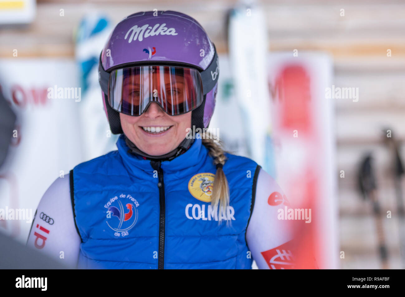 Courchevel, France. 21st December 2018, Courchevel, france. Tessa Worley third place on the podium in Courchevel Ski World Cup Women's Giant Slalom Credit: Fabrizio Malisan/Alamy Live News Stock Photo