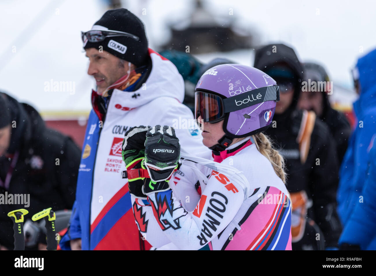 Courchevel, France. 21st December 2018, Courchevel, france. Tessa Worley third place on the podium in Courchevel Ski World Cup Women's Giant Slalom Credit: Fabrizio Malisan/Alamy Live News Stock Photo