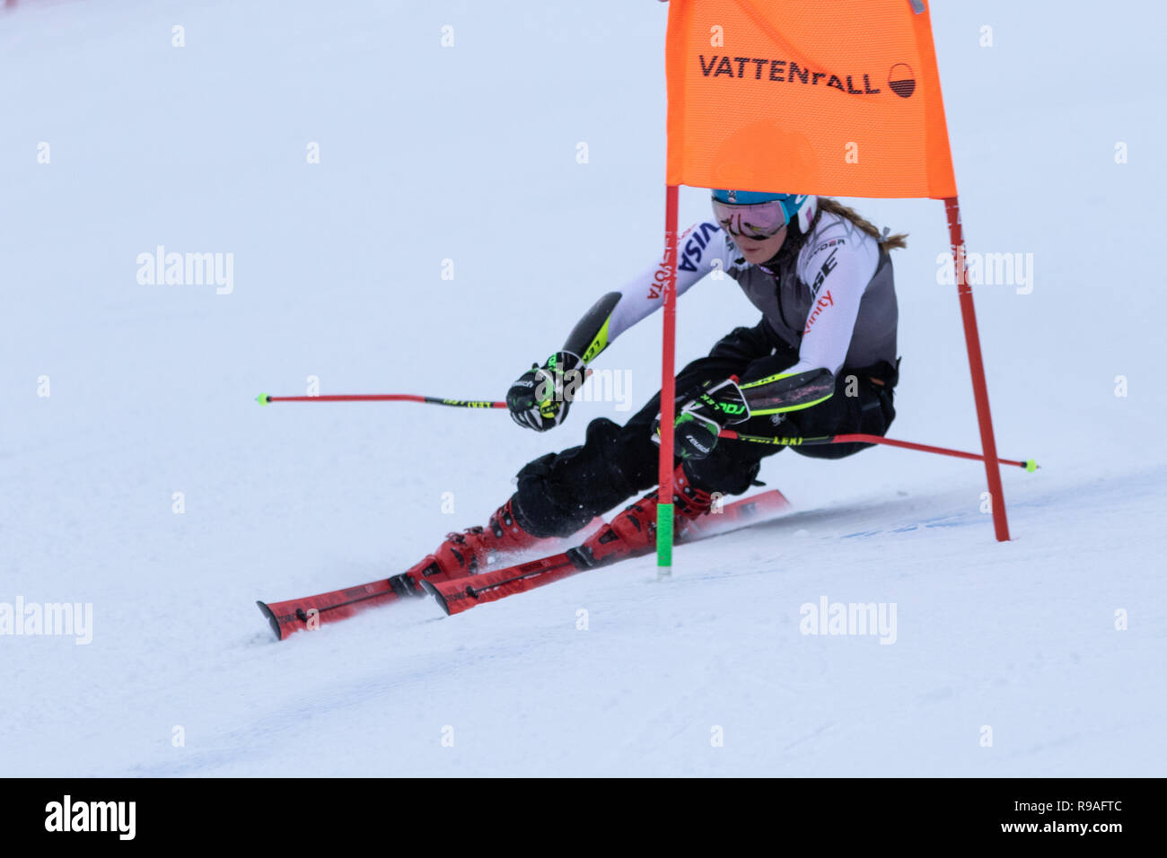 Courchevel, Rhone Alpes, France, 21st December 2018, Mikaela Shiffrin of USA wins Courchevel Ladies Giant Slalom Audi FIS Alpine Ski World Cup 2019 Stock Photo