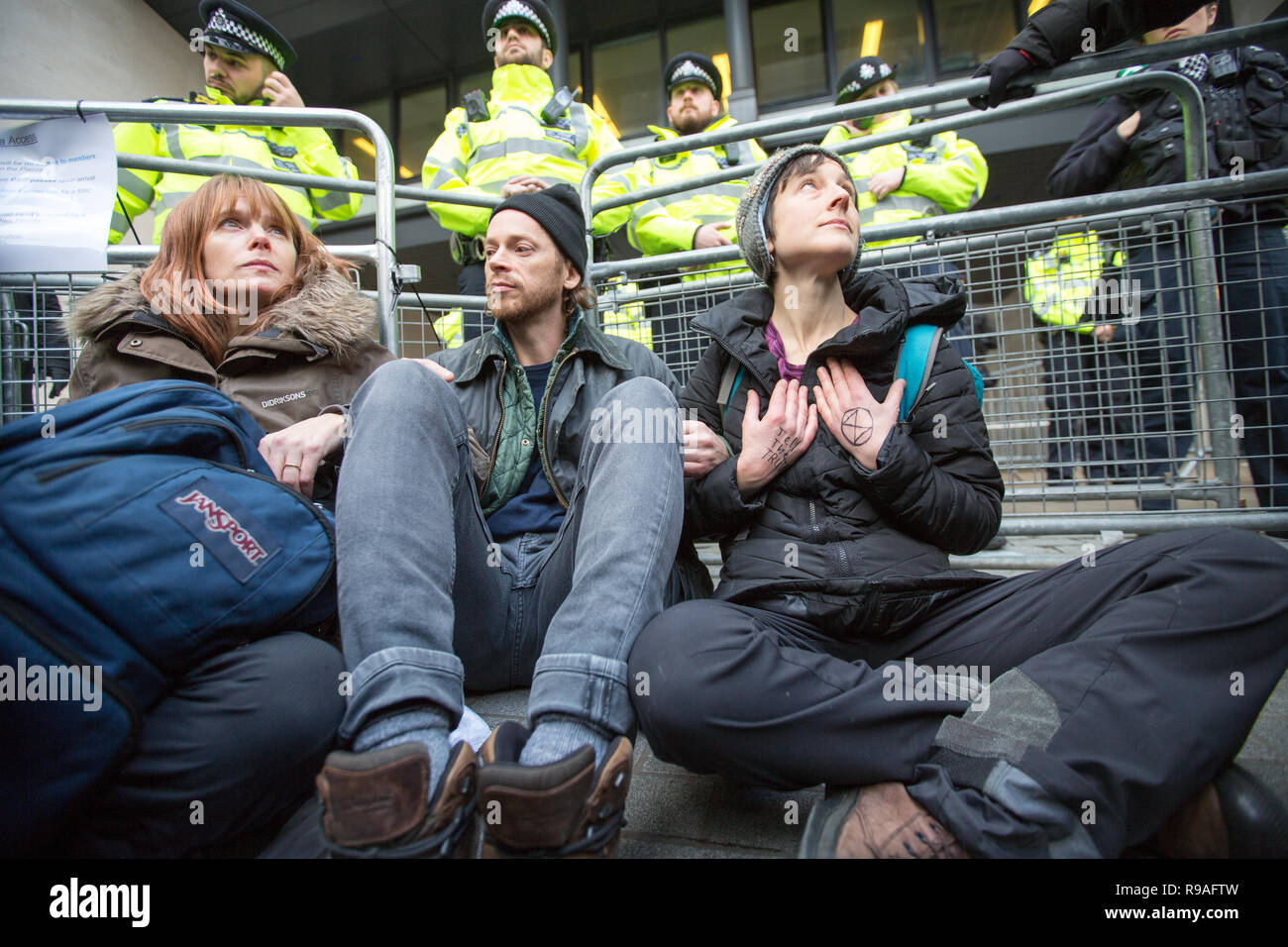 London, UK. 21st December, 2018. Extinction Rebbelion use Direct Action outside the BBC Credit: George Cracknell Wright/Alamy Live News Stock Photo