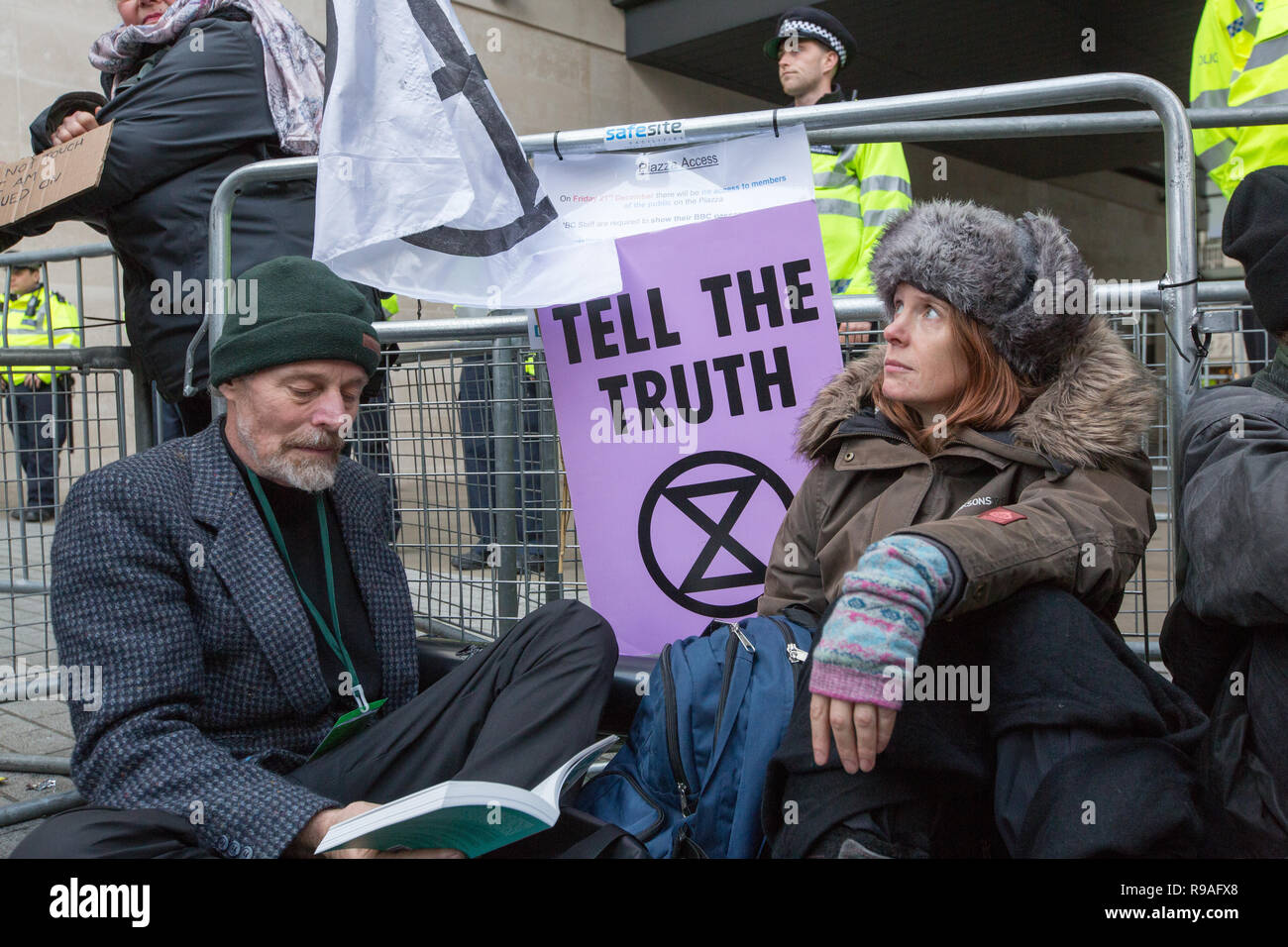 London, UK. 21st December, 2018. Extinction Rebbelion use Direct Action outside the BBC Credit: George Cracknell Wright/Alamy Live News Stock Photo
