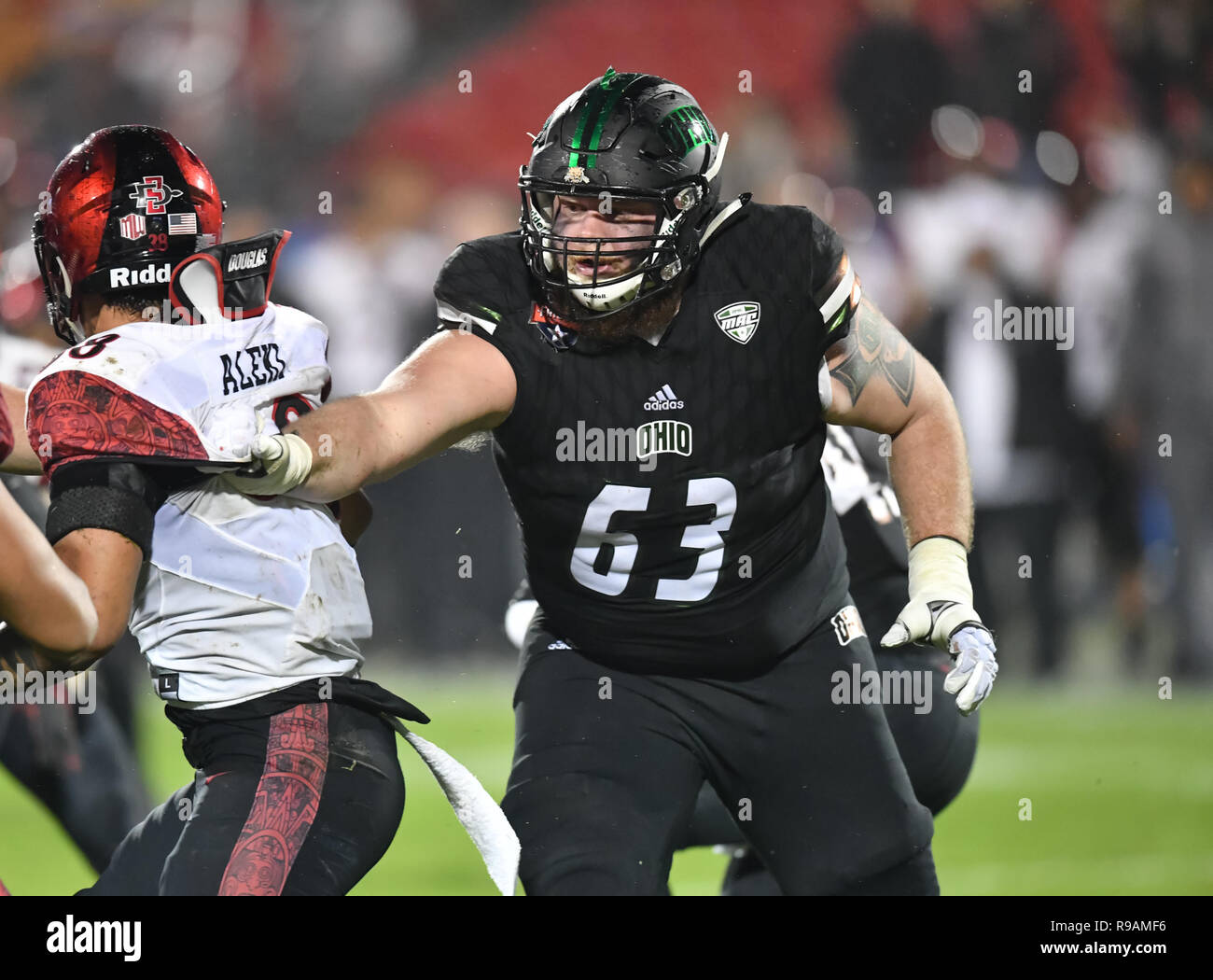Frisco, TX, USA. 19th Dec, 2018. Ohio University Bobcat lineman, Joe Anderson (63), in action at the NCAA football Frisco Bowl game between the Ohio Bobcats and the San Diego State Aztecs at the Frisco Bowl, in Frisco, TX. (Absolute Complete Photographer & Company Credit: Joe Calomeni/MarinMedia.org/Cal Sport Media) Credit: csm/Alamy Live News Stock Photo