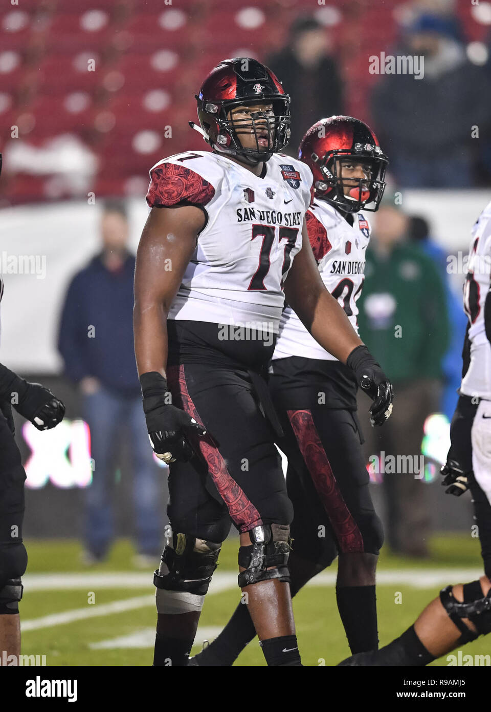 Frisco, TX, USA. 19th Dec, 2018. San Diego State lineman, Ryan Pope (77),  in action at the NCAA football Frisco Bowl game between the Ohio Bobcats  and the San Diego State Aztecs