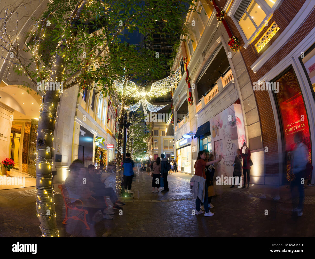 Hong Kong, China. 22nd December, 2018. Christmas and new year decorations light up at the famous Lee Tung Avenue, the new urban renewal development in Hong Kong, China. Credit: Bob Henry/Alamy Live News Stock Photo
