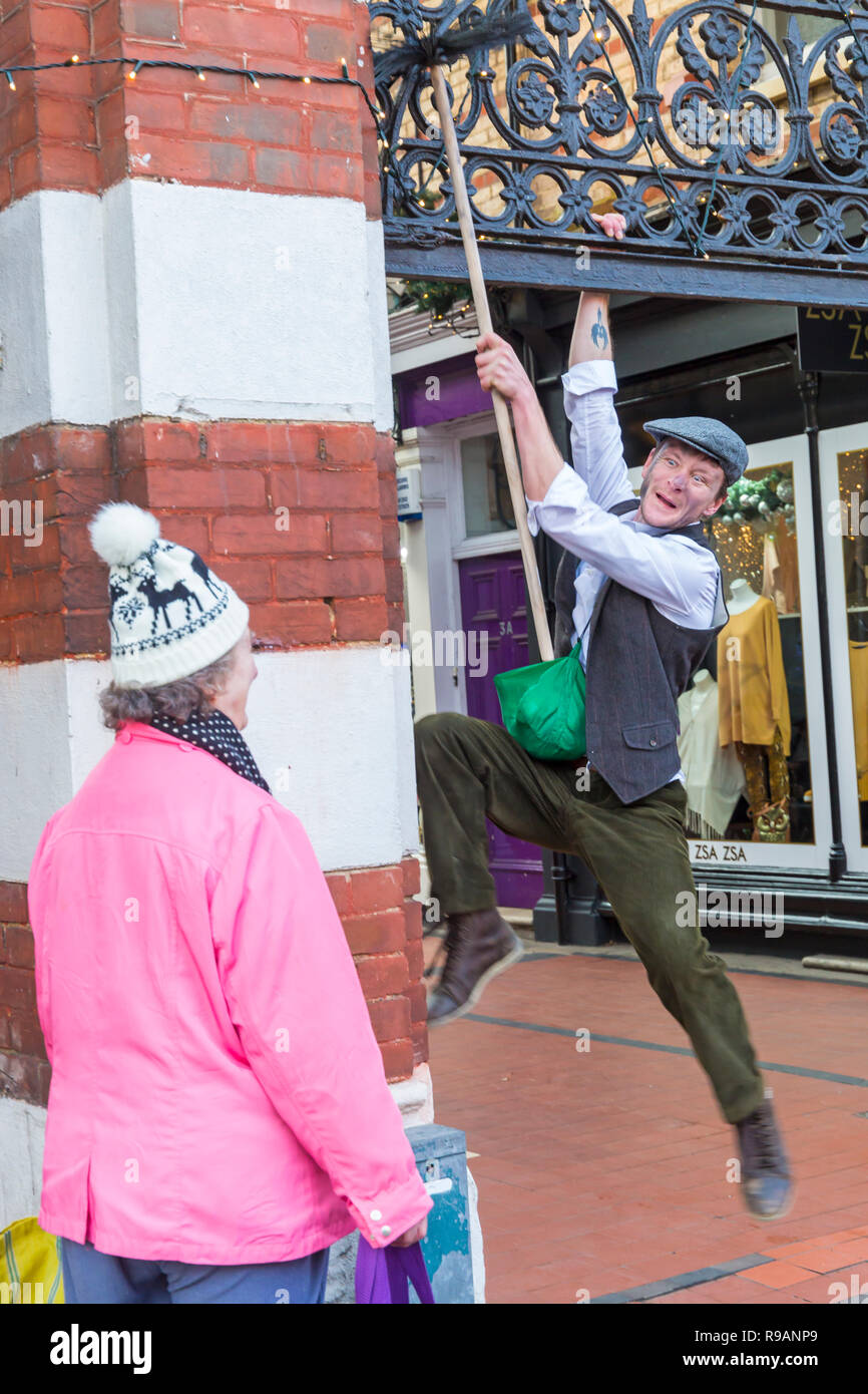 Bournemouth, Dorset, UK. 22nd Dec, 2018. Victorian style theatre with mesmerising walkabouts, irresistable characters and inspirational performers at Westbourne spread seasonal cheer on the last weekend before Christmas. Cheeky chimney sweep hanging around doing a bit of spring cleaning! Credit: Carolyn Jenkins/Alamy Live News Stock Photo