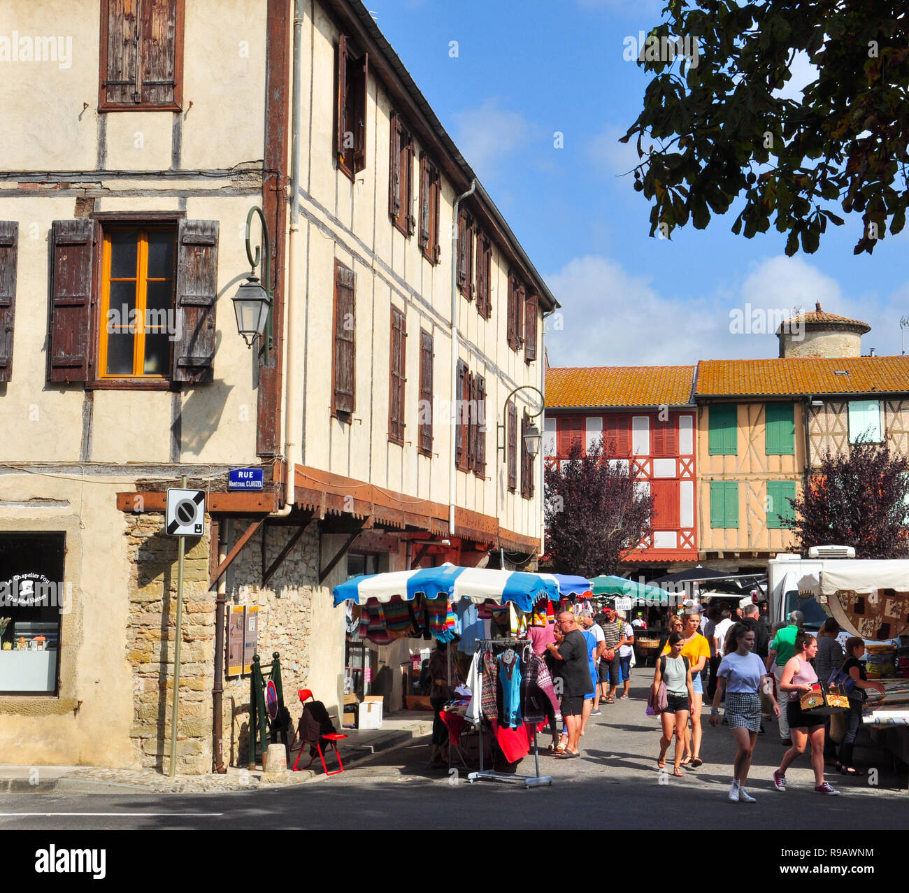 Ornate old buildings surround the market in Mirepoix, Ariege, Occitanie, France  France Stock Photo