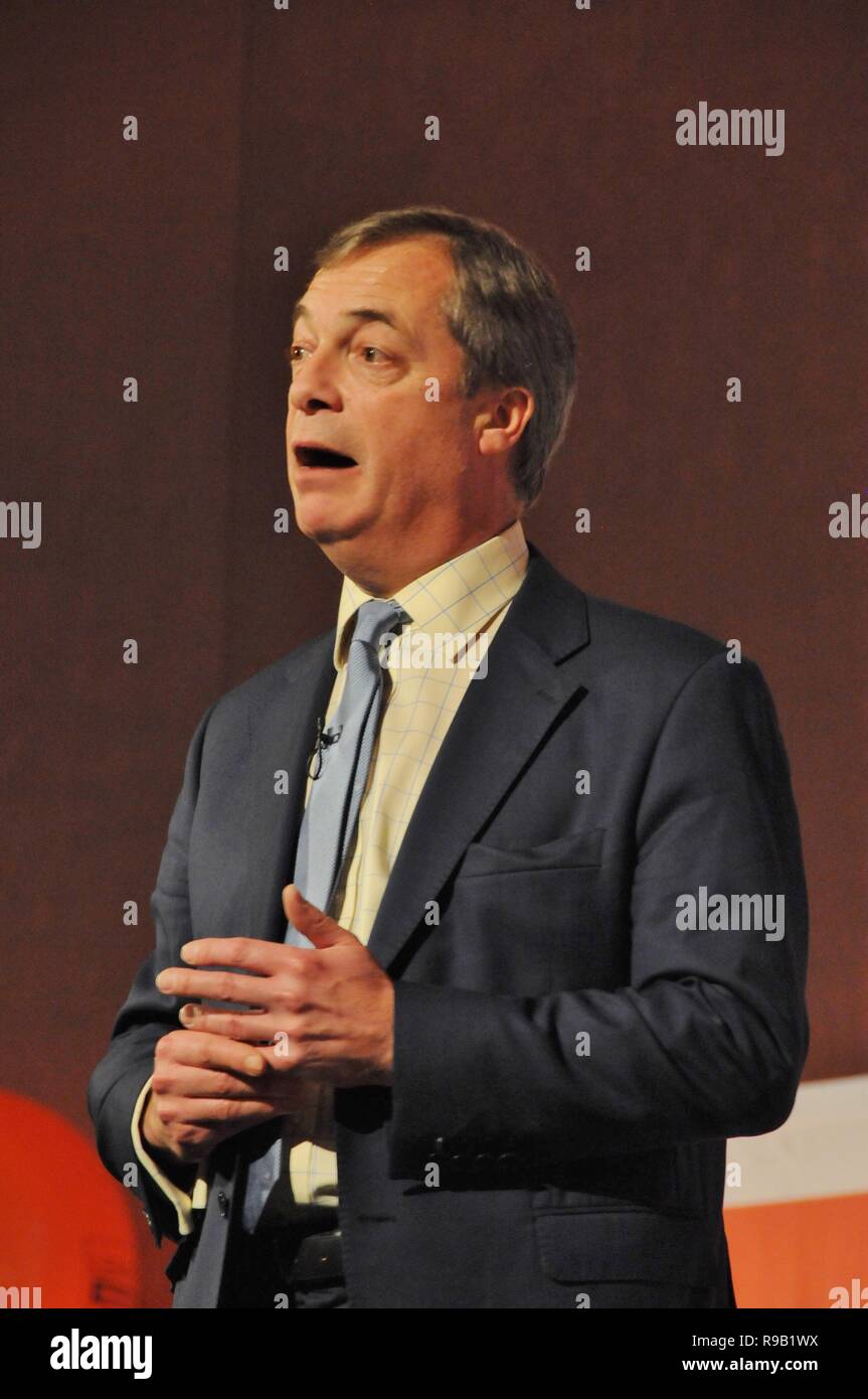 Nigel Farage Ex-leader of Ukip addresses Brexit voters and Ukip supporters, at a Leave Means Leave event in London. Stock Photo