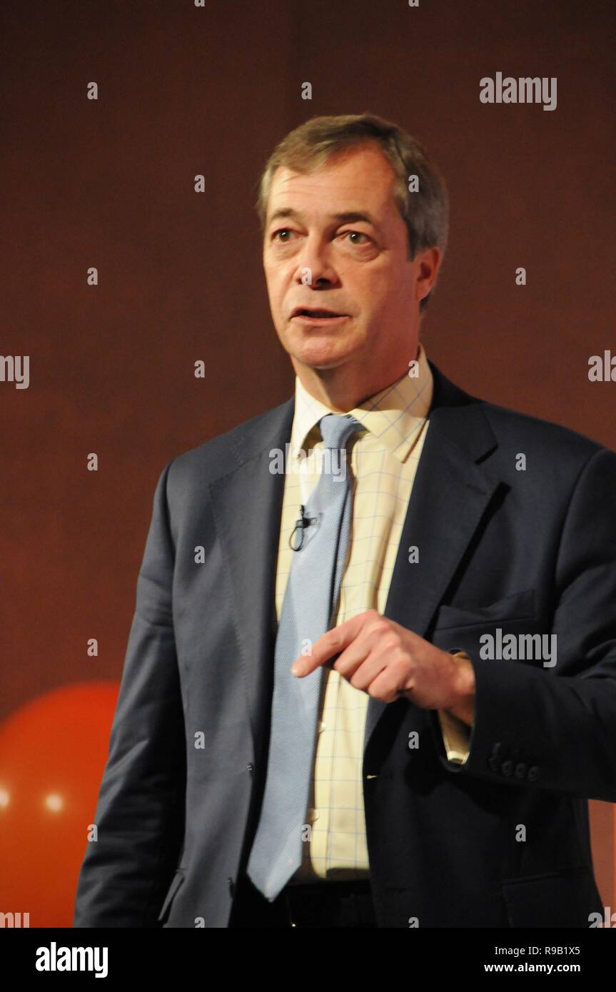 Nigel Farage Ex-leader of Ukip addresses Brexit voters and Ukip supporters, at a Leave Means Leave event in London. Stock Photo