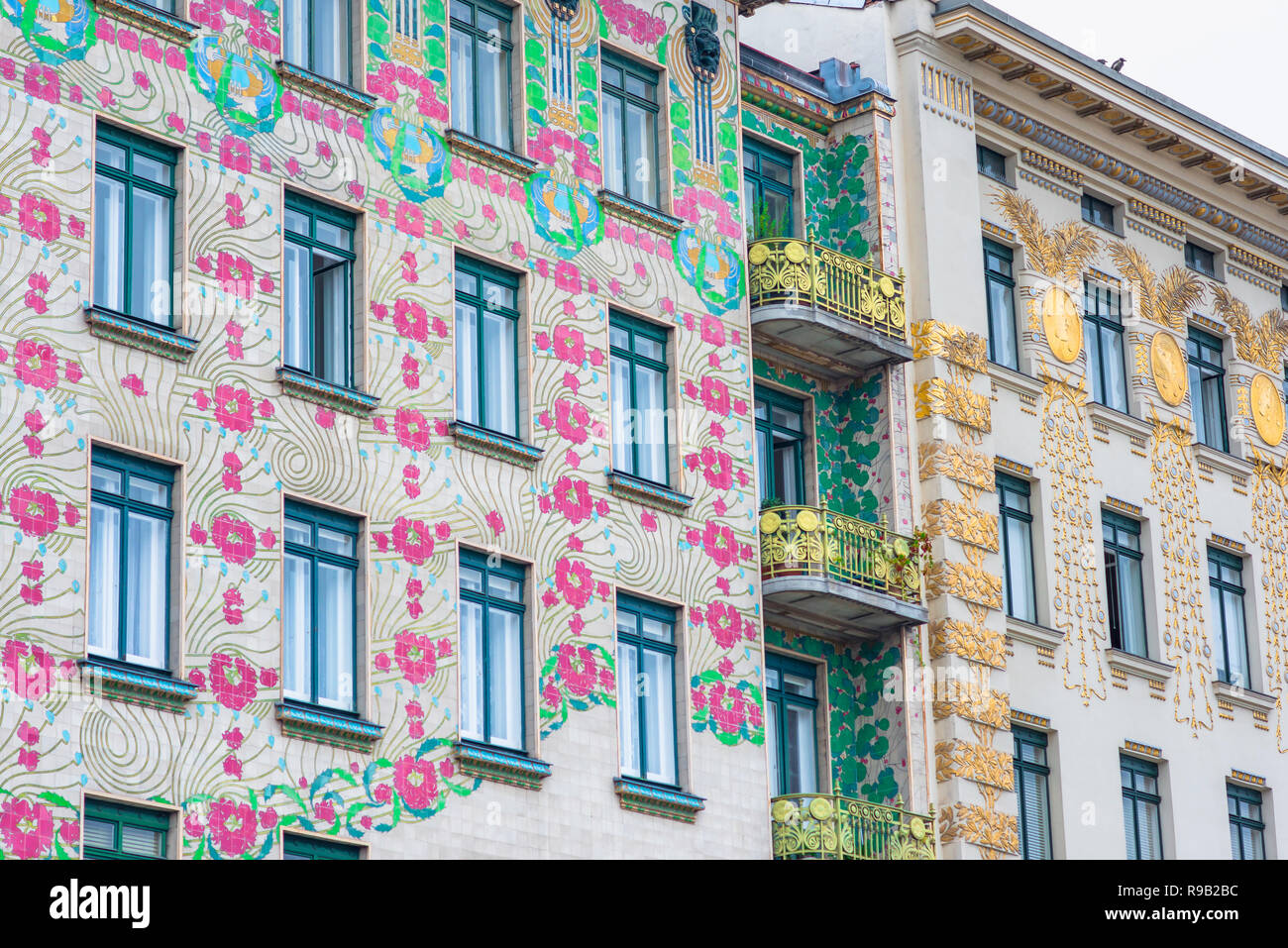 Art nouveau Vienna, view of the Majolika-Haus (left) and Otto Wagner Haus - both prime examples of the Jugendstil art-nouveau style in architecture. Stock Photo