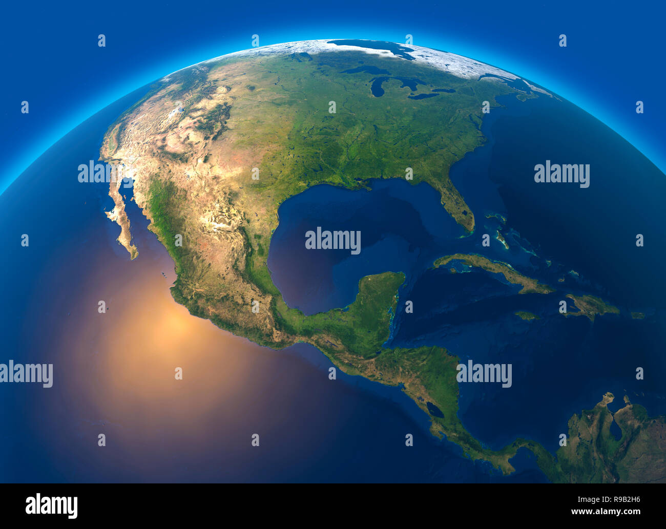 Physical map of the world, satellite view of central America. Globe. Hemisphere. Reliefs and oceans. 3d rendering Stock Photo
