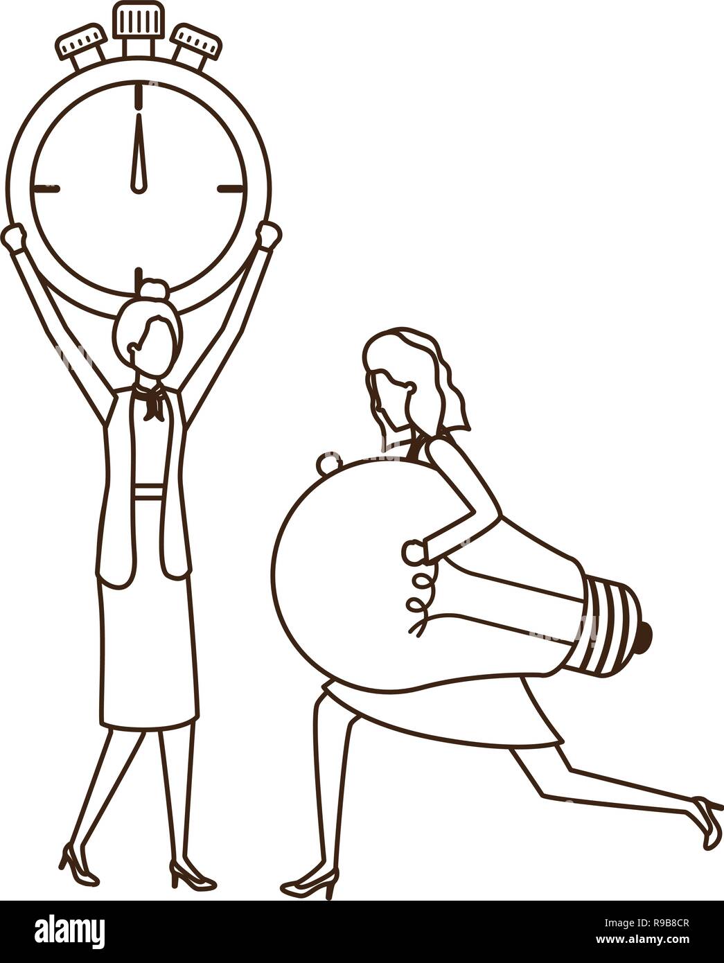 businesswomen with clock and light bulb character Stock Vector Image ...