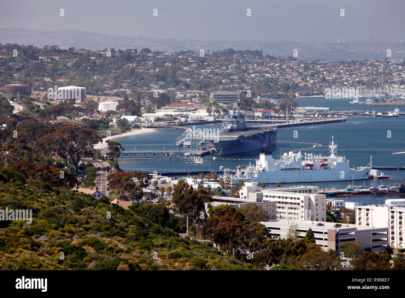 USA, California, San Diego, a view of the San Diego Bay and USS Midway Museum from the Cabrillo National Monument Stock Photo