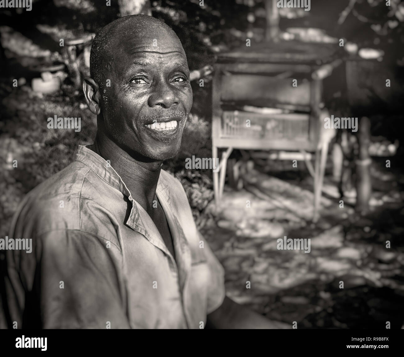 Portrait of the man taken in Zimbabwe, Africa at the Fishing Camp at Zambezi river.He was blind . Stock Photo