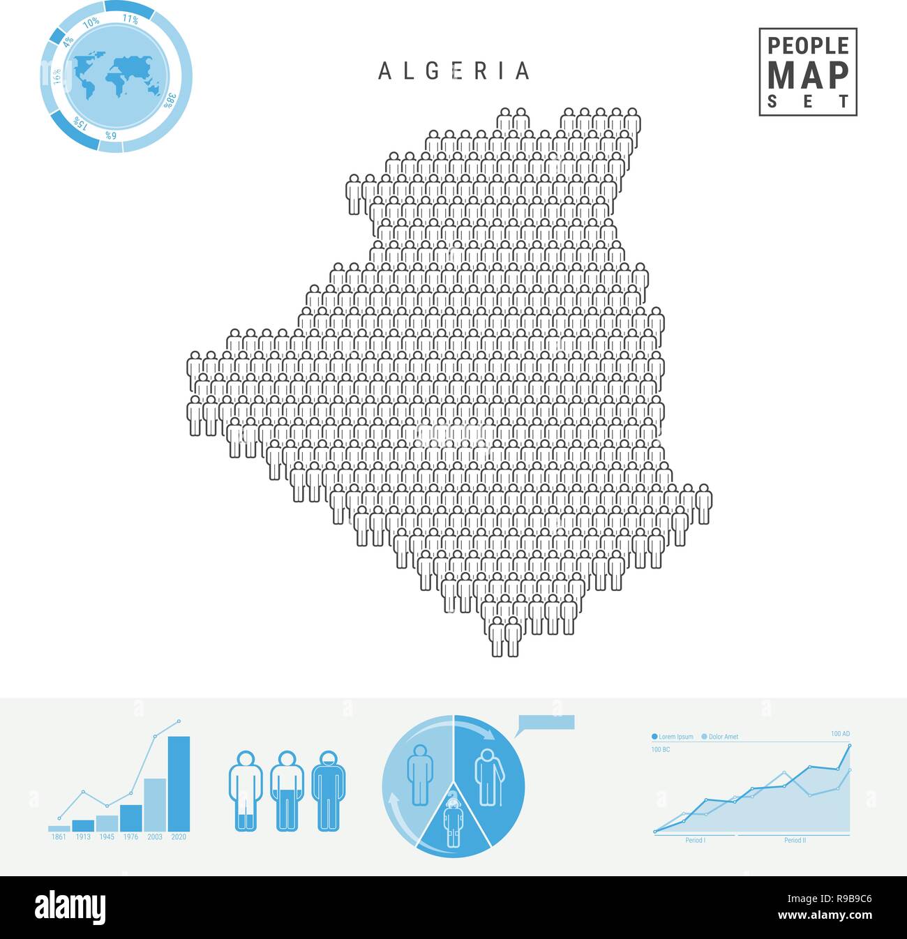Algeria People Icon Map. People Crowd in the Shape of a Map of Algeria. Stylized Silhouette of Algeria. Population Growth and Aging Infographic Elemen Stock Vector