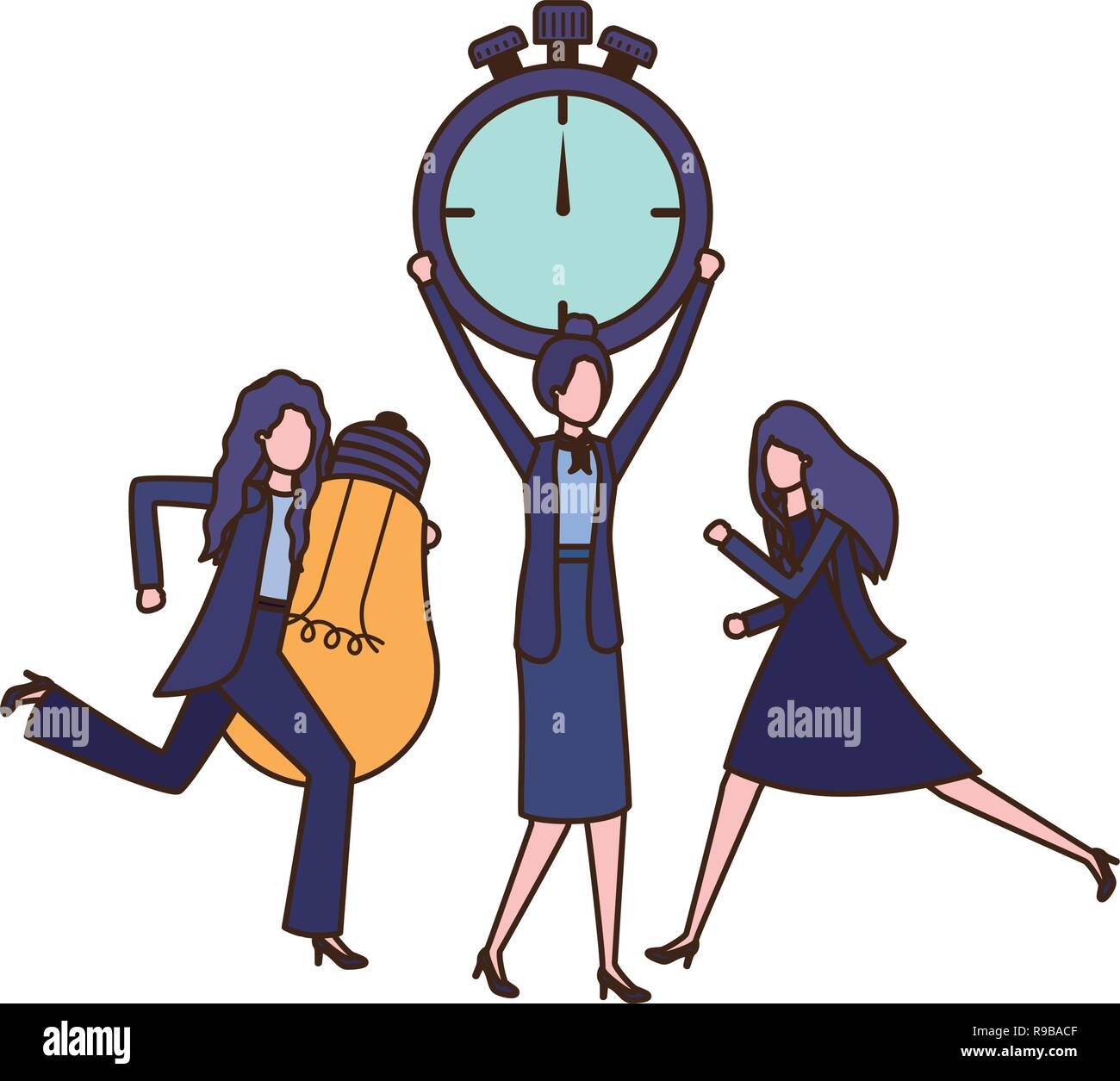 businesswomen with clock and light bulb character Stock Vector Image ...