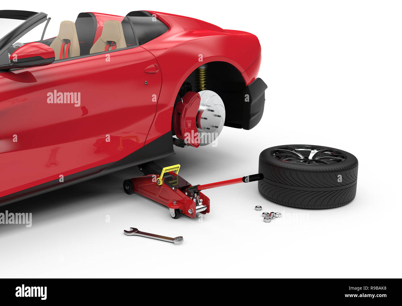 Car lifted with red hydraulic floor jack for repairing, 3D illustration ...