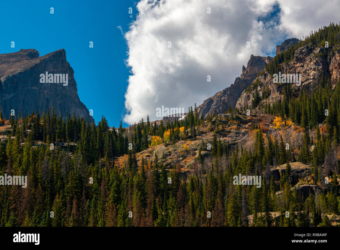 Bear Lake and surrounding mountains on a beautiful autumn day in Rocky Mountain National Park, Colorado Stock Photo