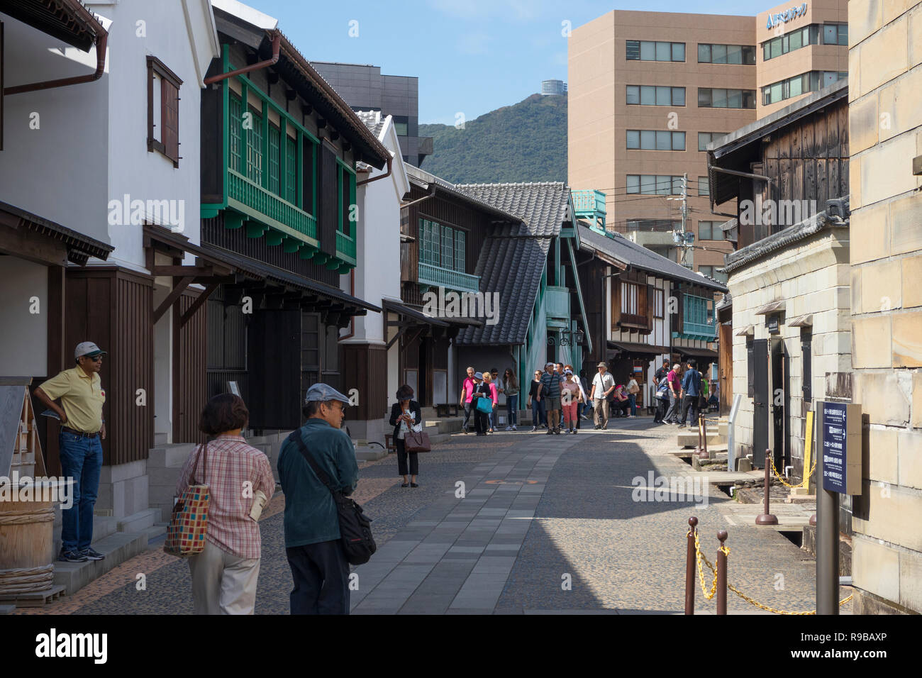 Nagasaki, Japan - October 22, 2018: Tourists walking in a reconstructed street in Dejima, Nagasaki Stock Photo