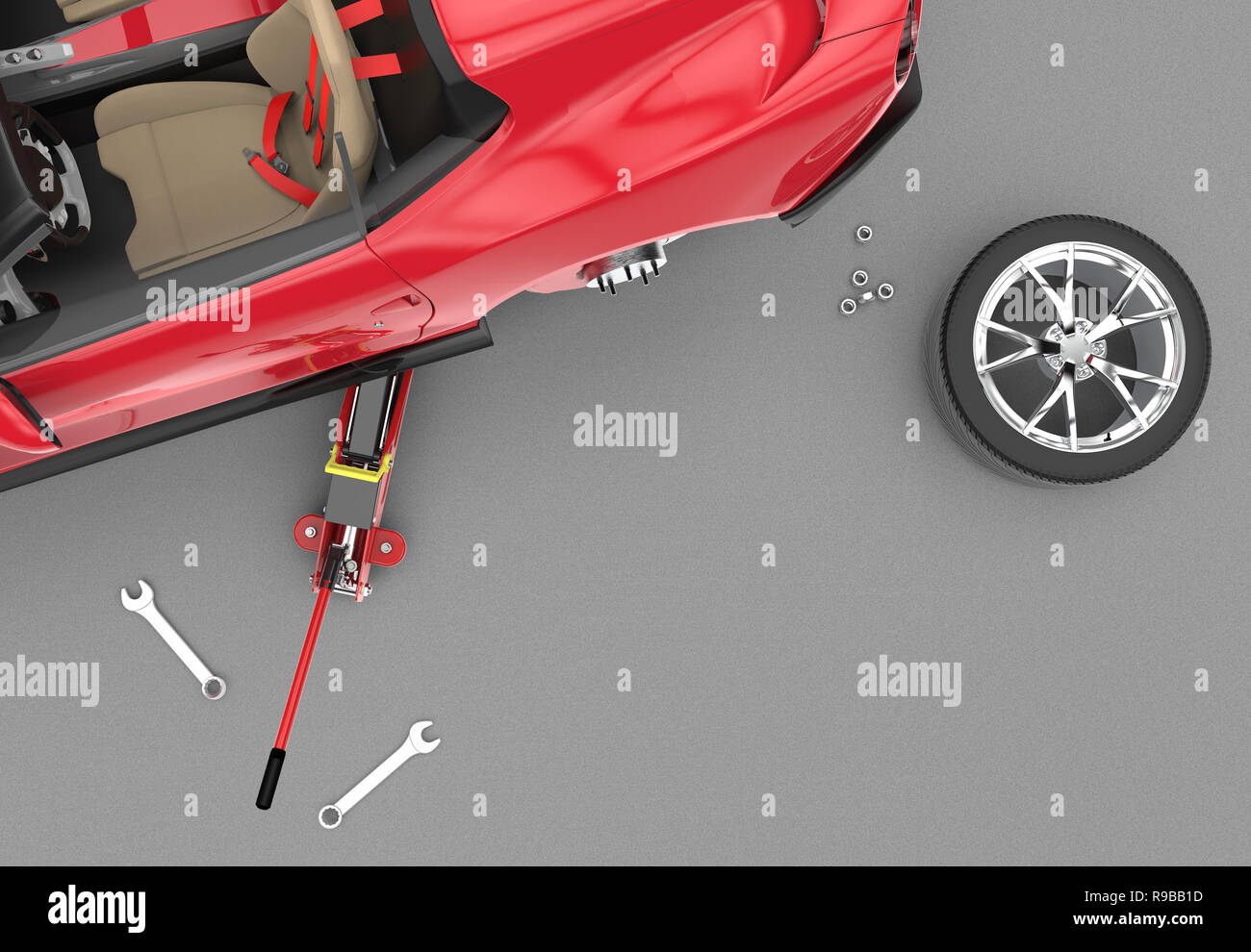 Top view of a car lifted with red hydraulic floor jack, 3D illustration Stock Photo