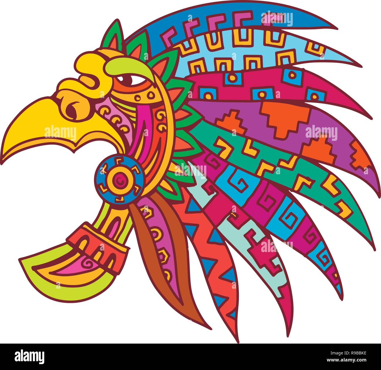 Drawing sketch style illustration of an ancient Aztec feathered headdress, a flamboyant and colourful costume piece worn by Aztec nobility, elite and  Stock Vector