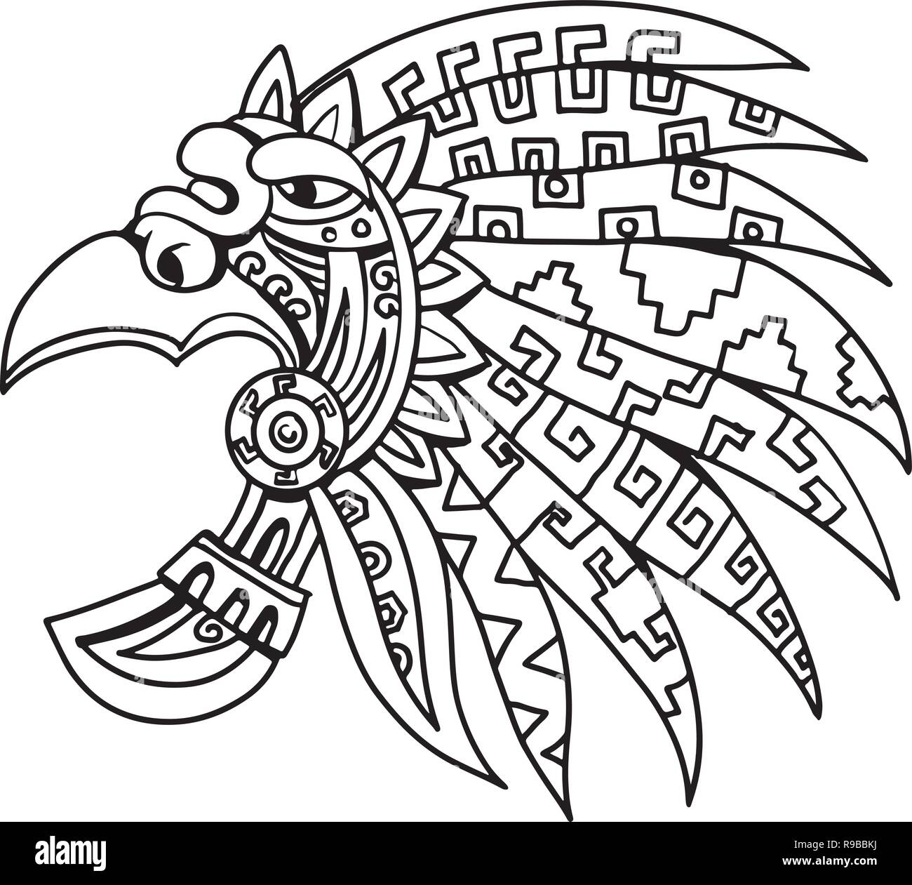 Drawing sketch style illustration of an Aztec feathered headdress, a flamboyant and colourful costume piece worn by Aztec nobility, elite and priests  Stock Vector