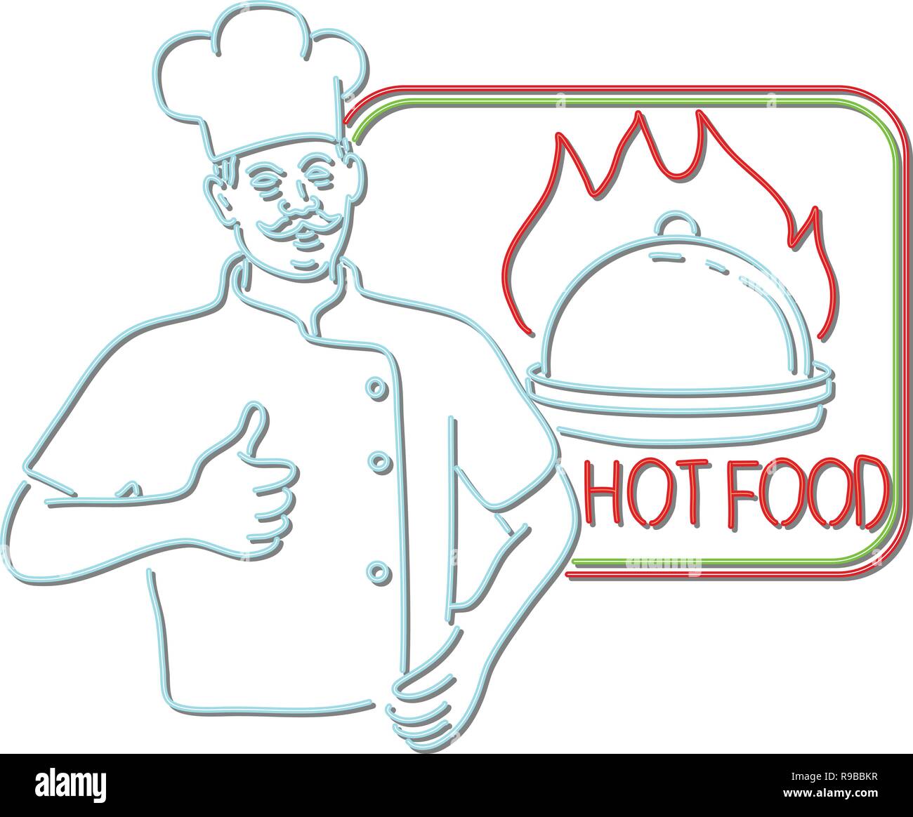 Retro style illustration showing a 1990s neon sign light signage lighting of a chef, cook or baker with thumbs up beside dish on flames or fire with s Stock Vector