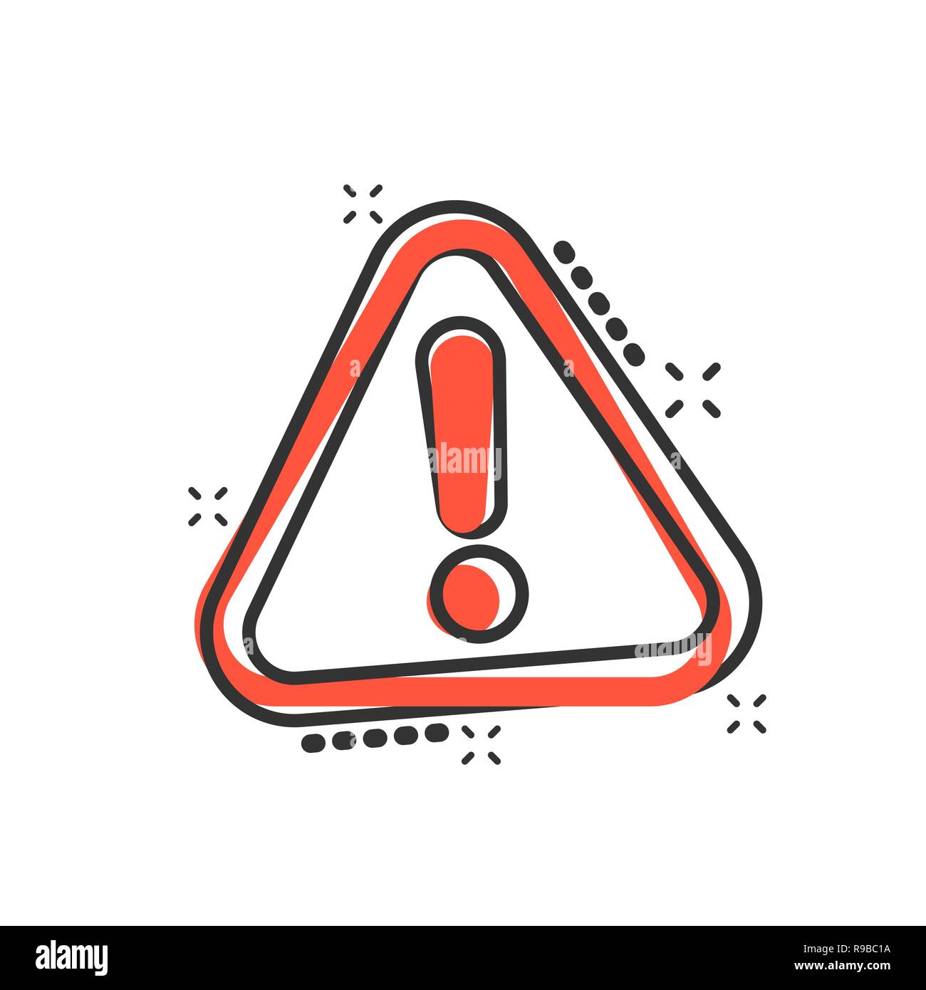 Exclamation mark icon in comic style. Danger alarm vector cartoon illustration pictogram. Caution risk business concept splash effect. Stock Vector