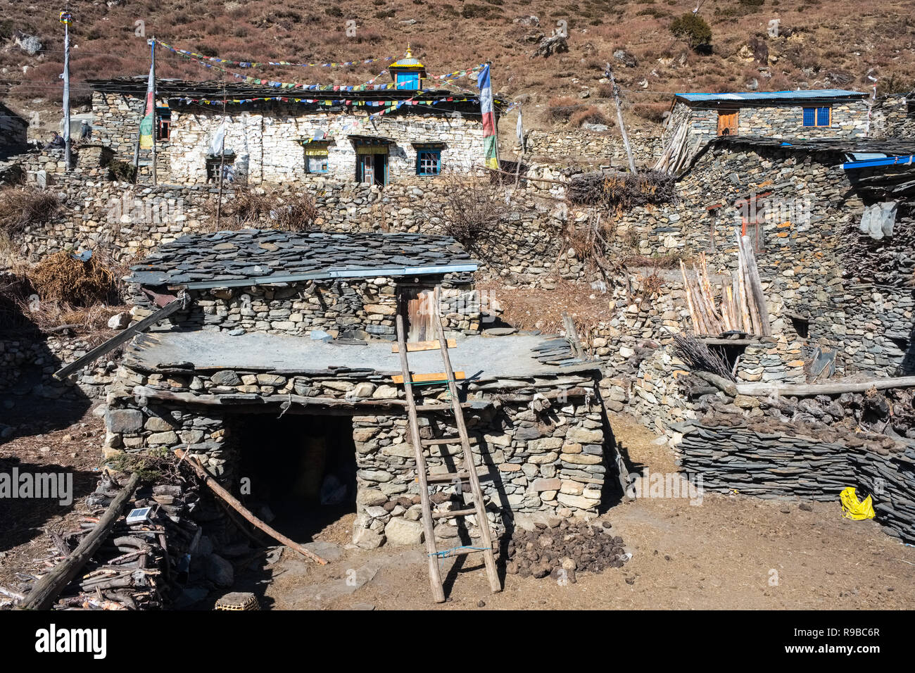 The Tibetan village of Samdo on the Manaslu Circuit trek is made up of traditional 2 storey houses with livestock below living quarters Stock Photo