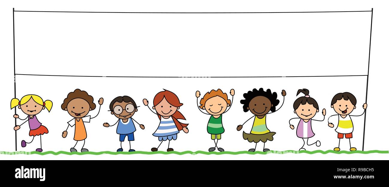 multiethnic group of kids holding blank banner illustration Stock Photo ...