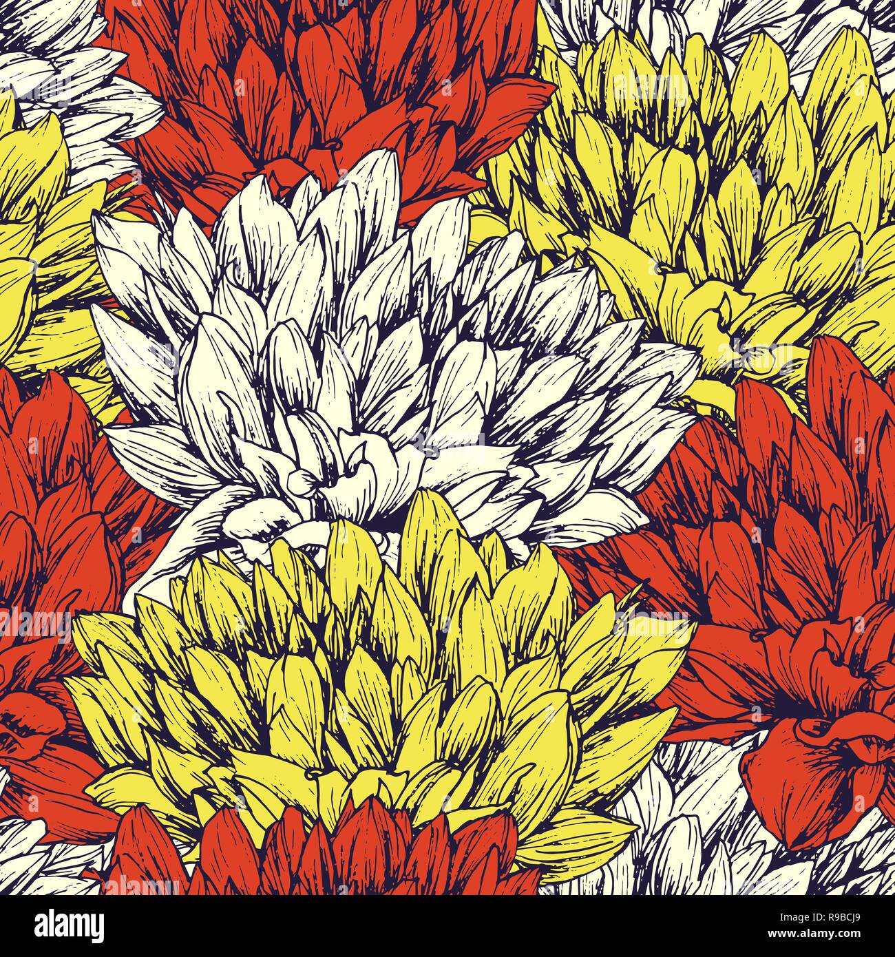 Peony Hand Drawn Seamless Pattern Floral Ink Pen Color Texture