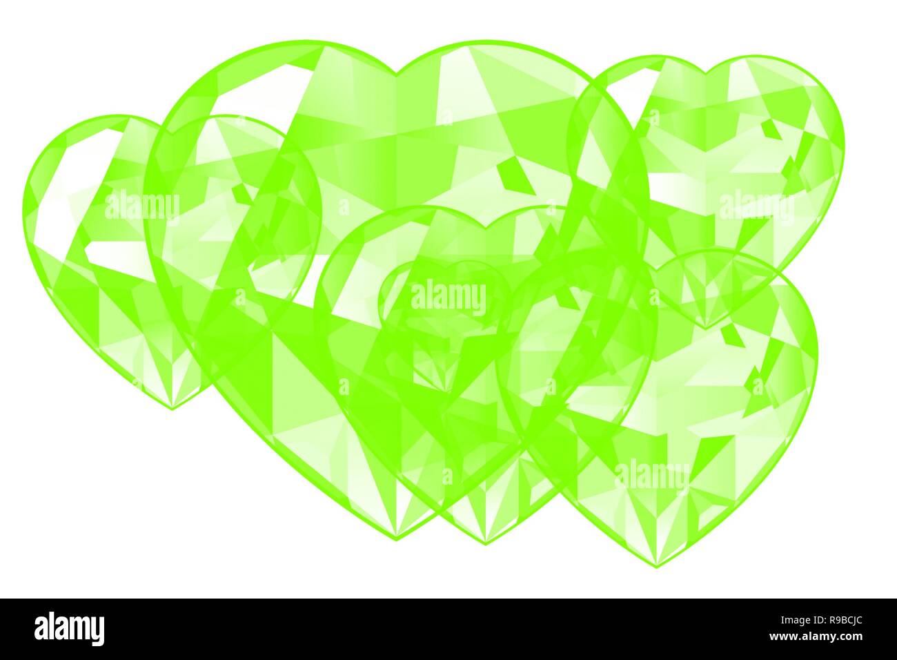 bright green hand drawn watercolor diamond jewel hearts background pattern Stock Photo