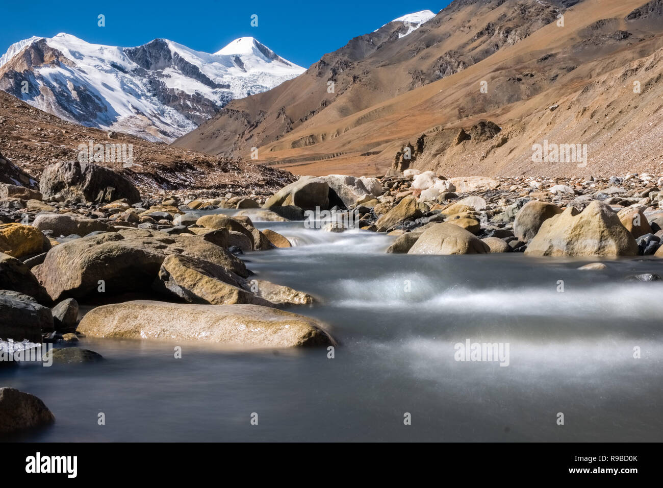 Mountains and a glacial river in the Manaslu region of the Nepal Himalayas Stock Photo