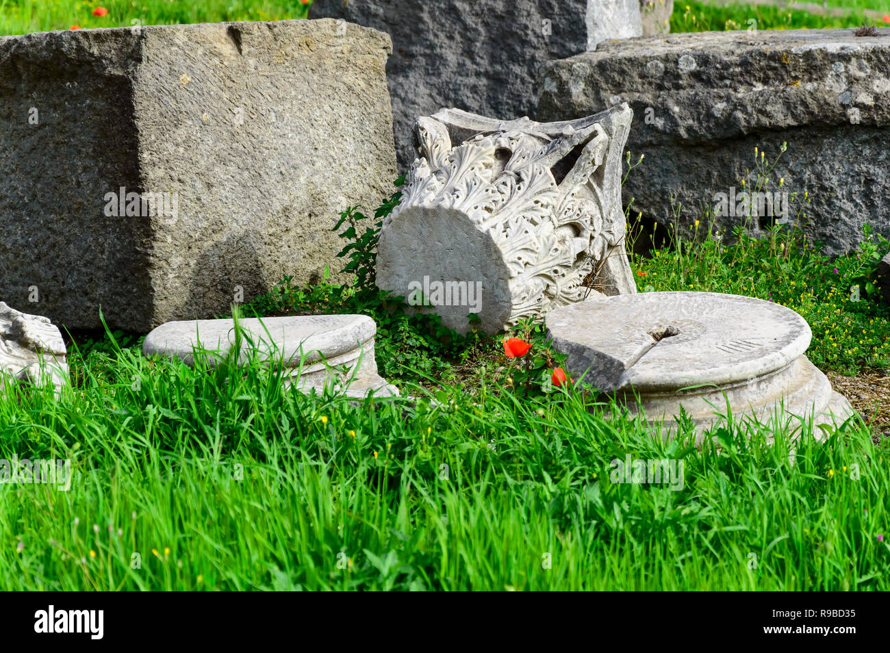 Pompeii ruins: remains of ancient columns on grass with poppies at archaeological site. Pompeii town was destroyed by eruption of volcano Vesuvius, It Stock Photo