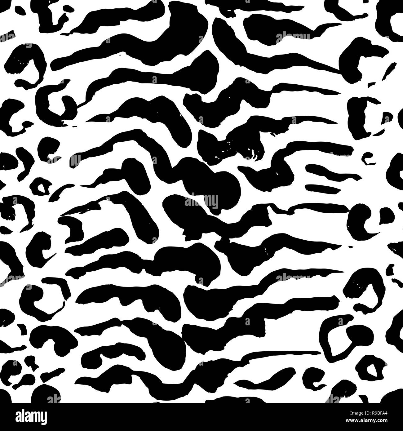 Brush painted leopard seamless pattern. Black and white tiger grunge background. Stock Vector
