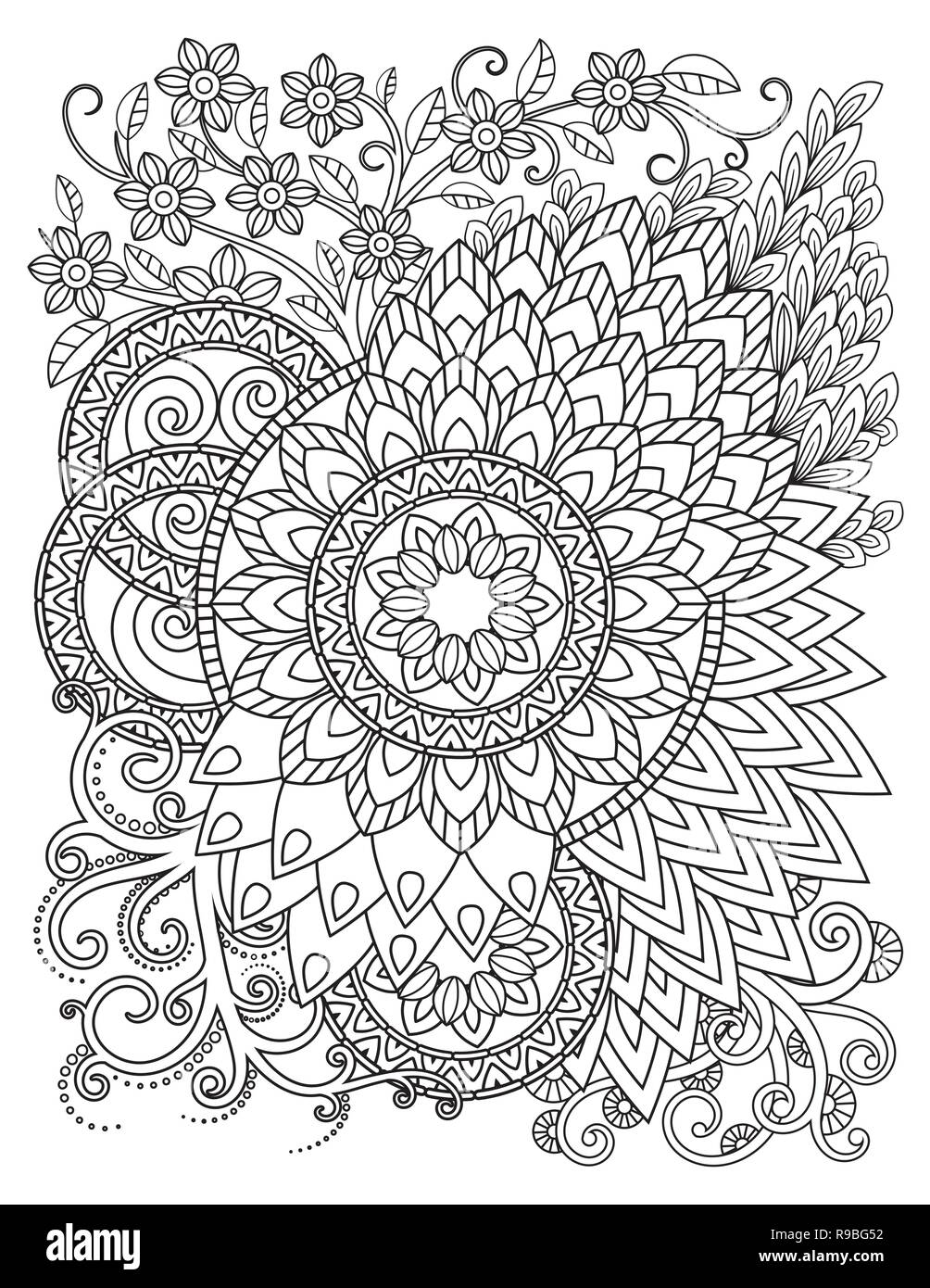 Mandala pattern in black and white. Adult coloring book page with mandalas. Oriental pattern, vintage decorative ornaments. Hand drawn vector illustration. Design element Stock Vector