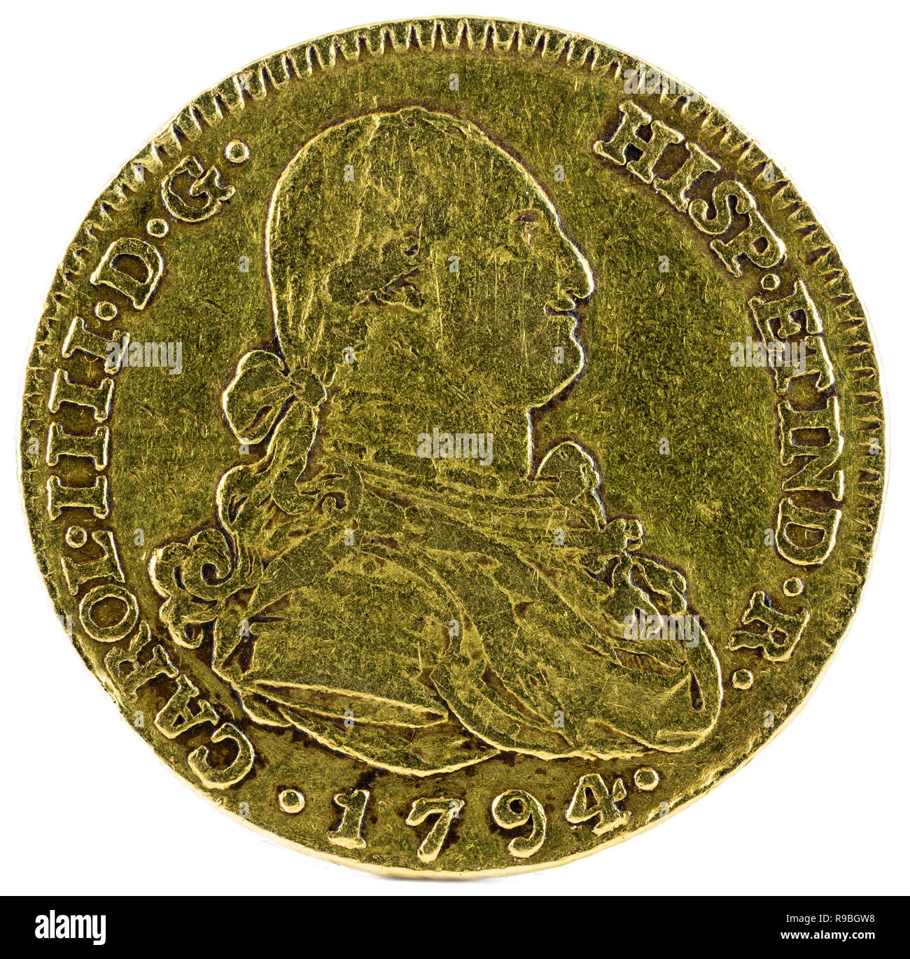 Ancient Spanish gold coin of King Carlos IV. With a value of 2 escudos and minted in Madrid