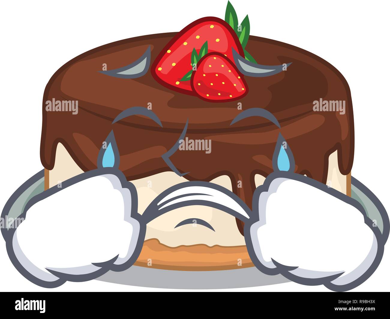 Crying berries cartoon cake on above table Stock Vector
