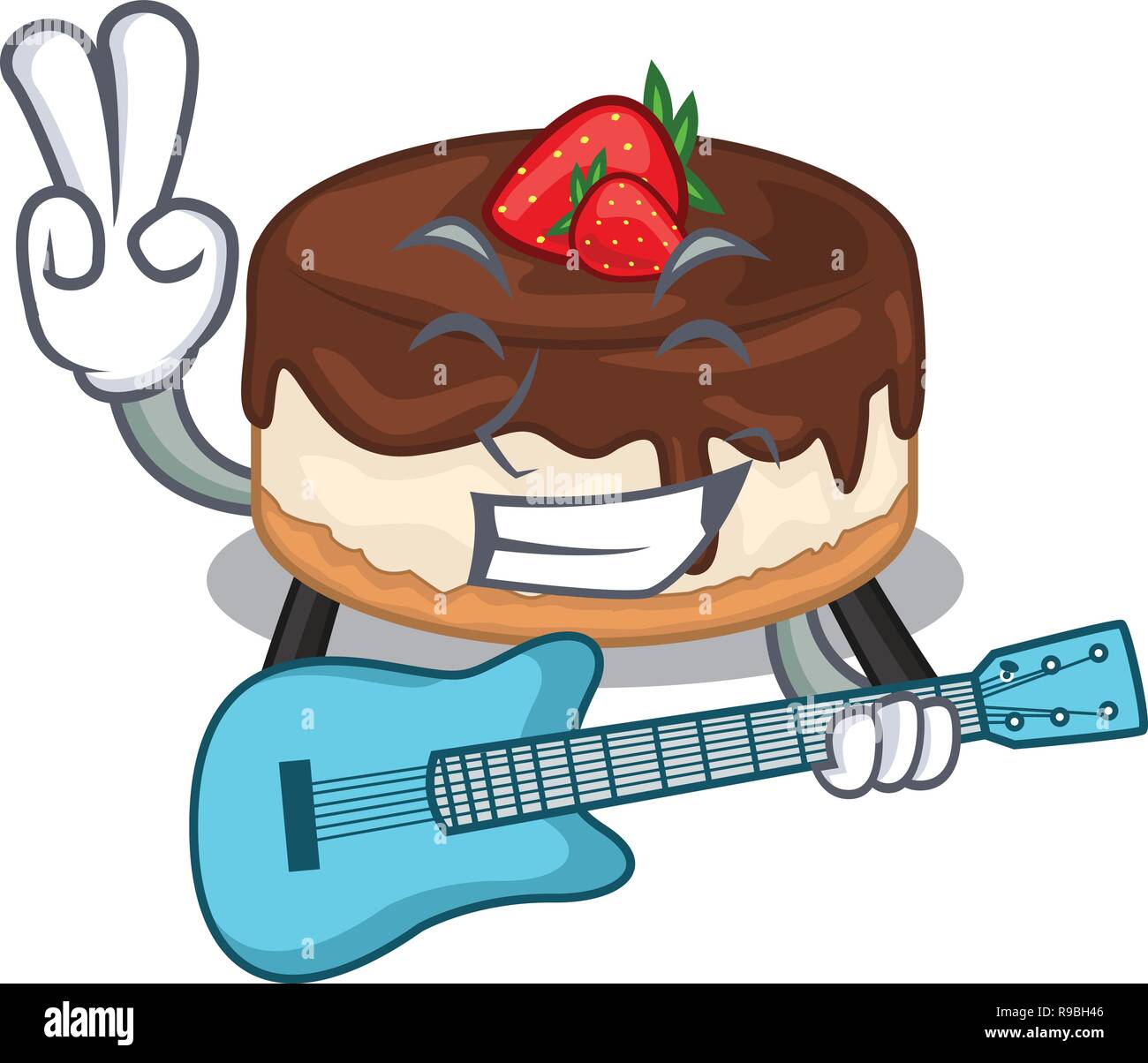 With guitar berries cartoon cake on above table Stock Vector