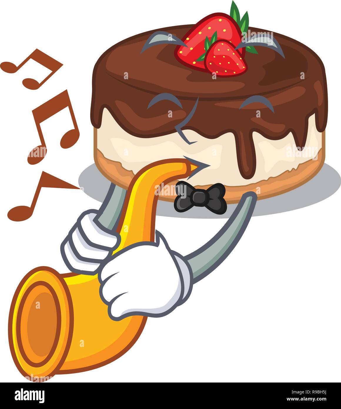 With trumpet berries cartoon cake on above table Stock Vector