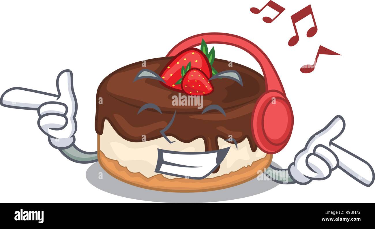 Listening music berries cartoon cake on above table Stock Vector