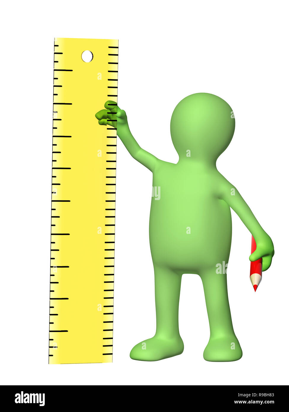 3d puppet with ruler and pencil. Isolated over white background Stock