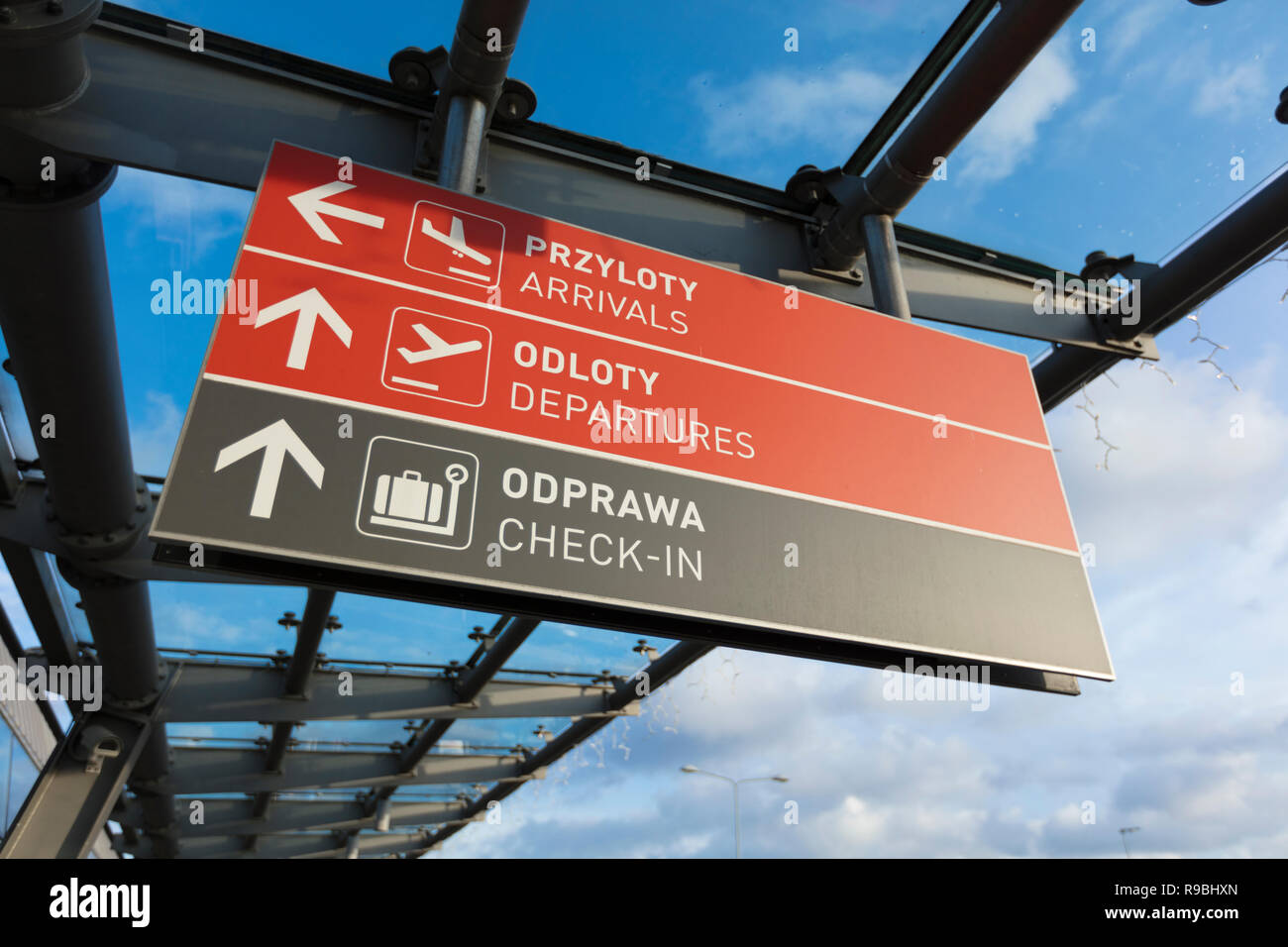 Warsaw, Poland, Europe, December 2018, Airport Signage at Modlin