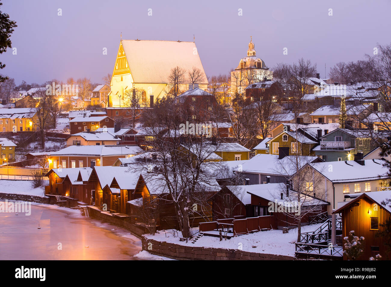 Winter view of Porvoo Old Town at night time, Finland. Stock Photo