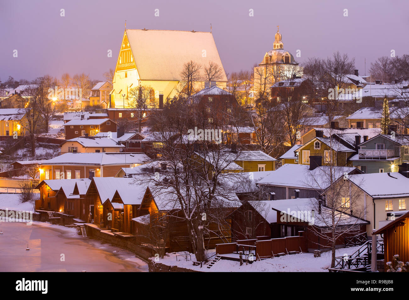 Winter view of Porvoo Old Town at night time, Finland. Stock Photo