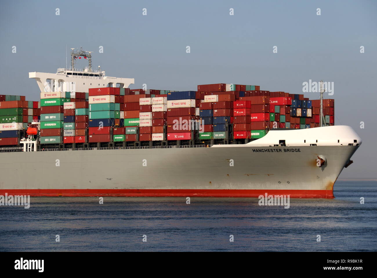 The container ship Manchester Bridge leaves the port of Rotterdam on 16 March 2017. Stock Photo