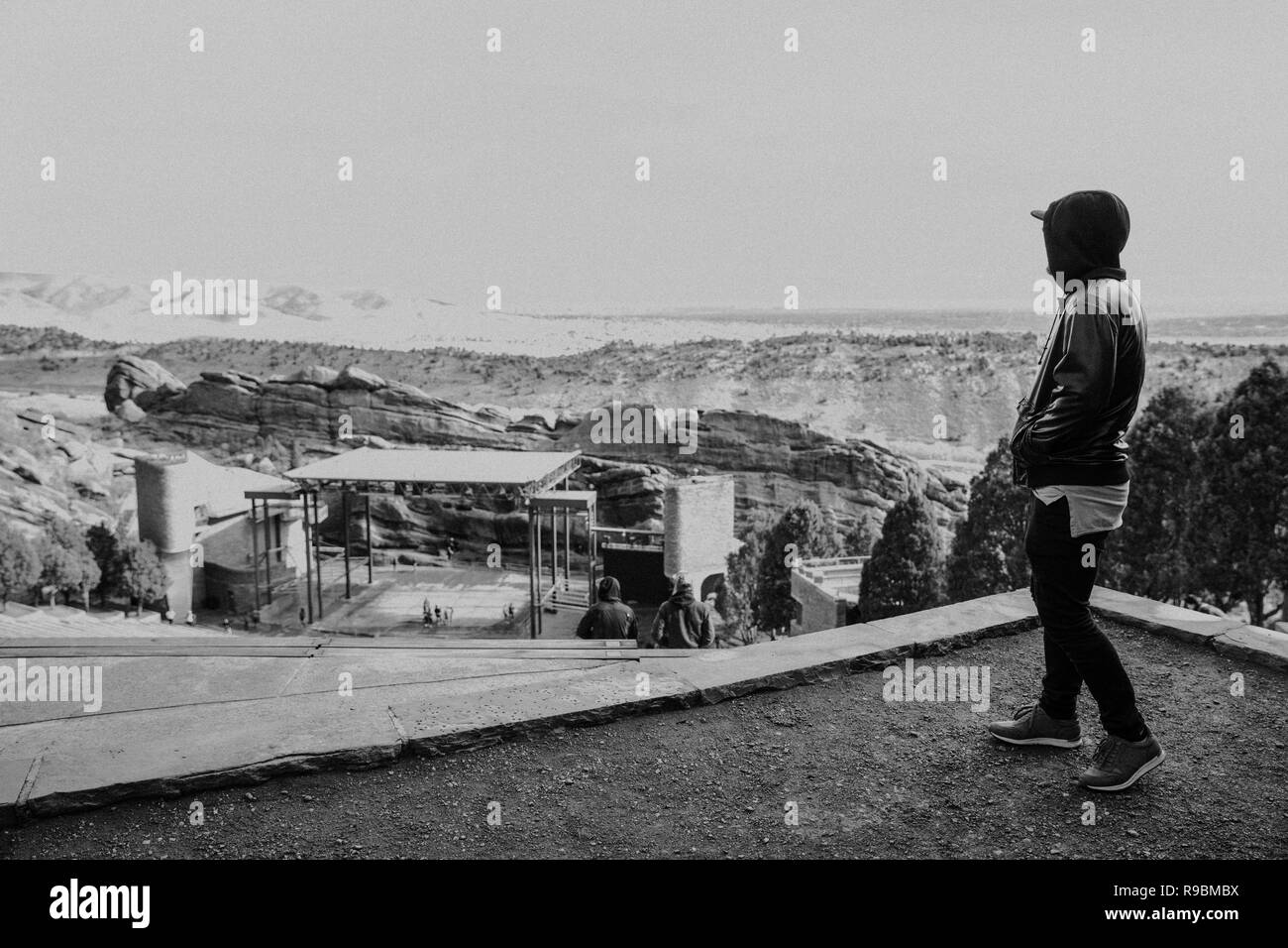 Symmetrical Landscape Portrait of Red Rock Amphitheater Stands and Stage Facing Beautiful Mountain Beautiful Mountain Background on Perfect Sunny Day Stock Photo