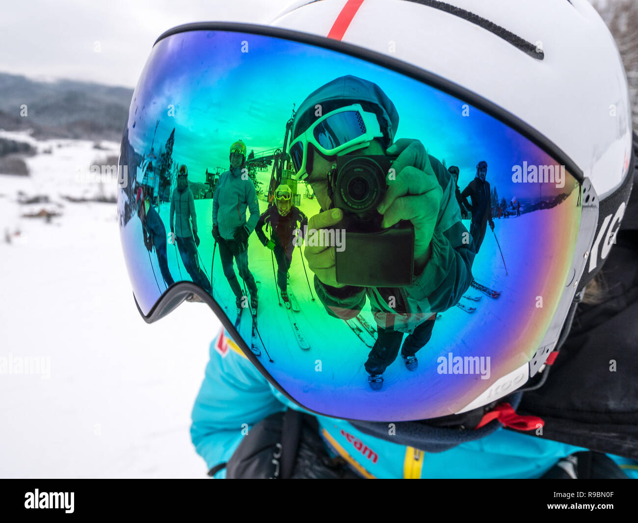 Reflection in skiing goggles, Czorsztyn Ski Resort, southern Poland Stock Photo