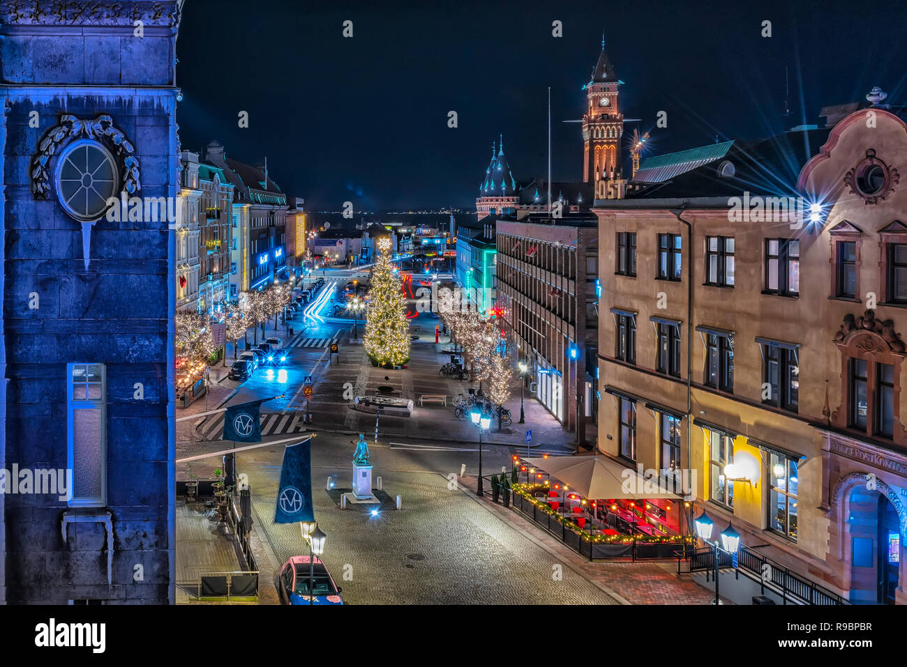 HELSINGBORG, SWEDEN - DECEMBER 05, 2018: A long exposure night time scene of Helsingborgs main town square. Stock Photo