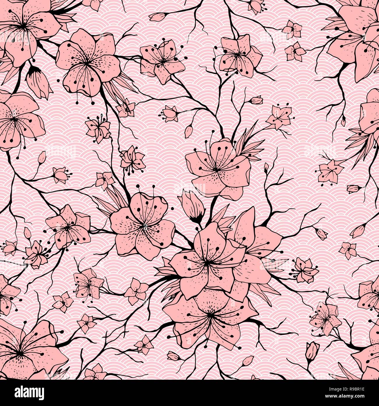 Japanese Sakura Branch and Blossoming Flowers. Classic Seamless Pattern,  traditional kimono fabric, Asian festive design with spring floral, vector  illustration. Ready for print Stock Vector Image & Art - Alamy
